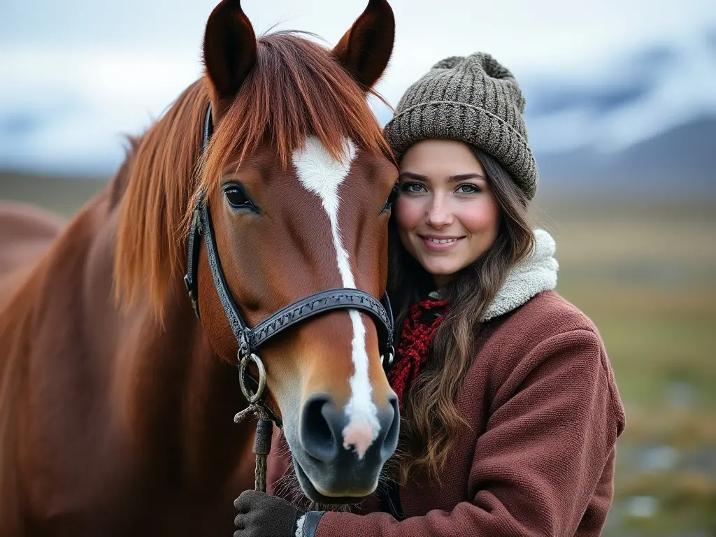 Traditional Greenland woman with a horse