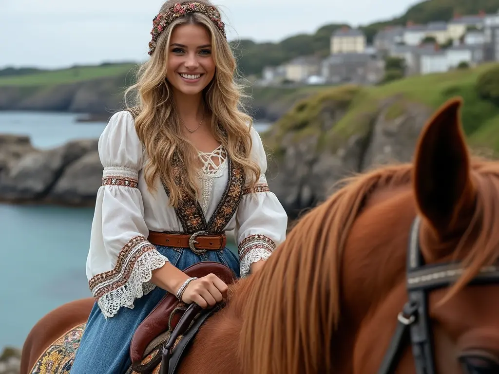 Traditional Guernsey woman with a horse