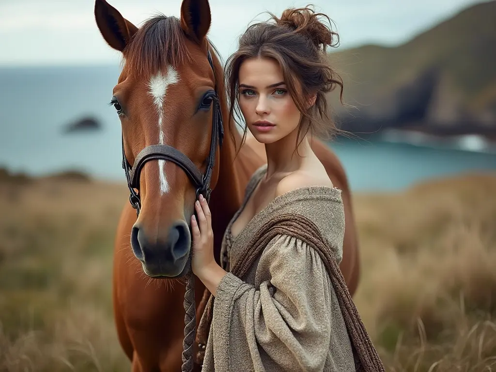 Traditional Guernsey woman with a horse