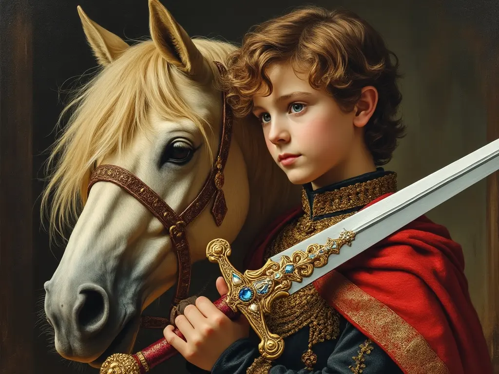 A boy with a horse and a sword