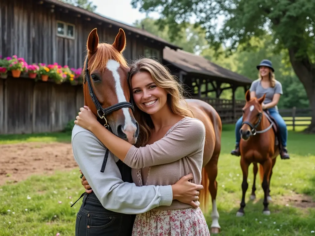 A woman hugging the body of a man that is hanging off the head of a horse