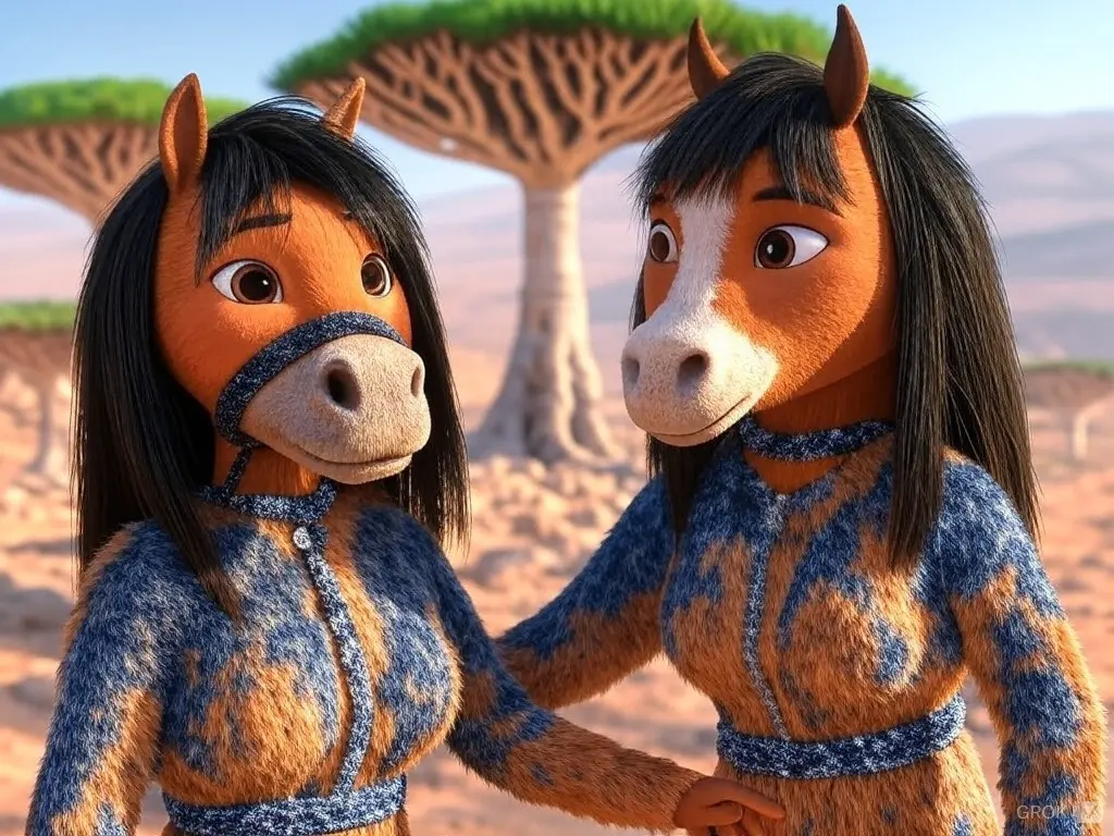 Two strange anthropomorphic horse characters wearing the same dress