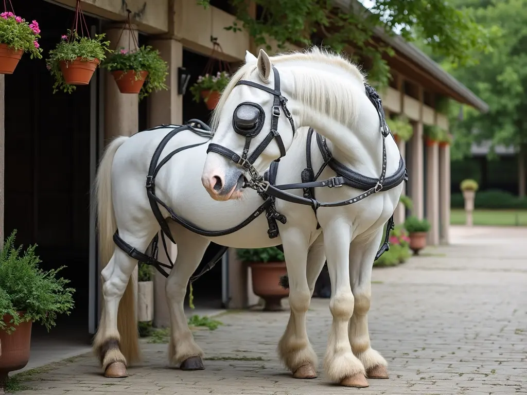 A draft horse in harness with six legs