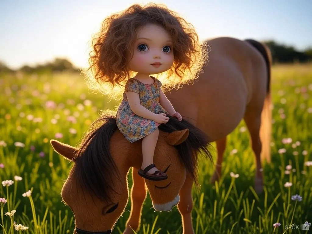 An ugly girl character sitting on a two headed horse, she is sitting between the two heads