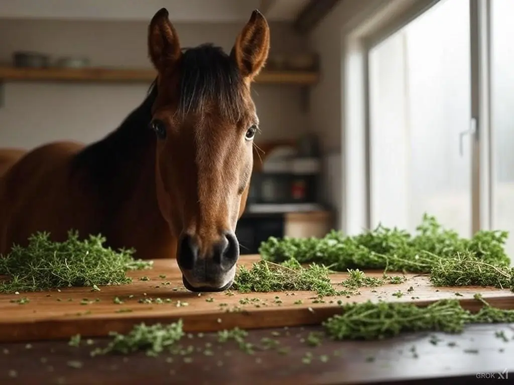 Horse standing behind a counter with herbs