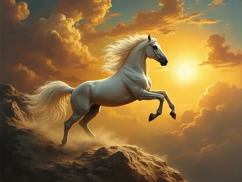 A white horse rearing in front of the sun