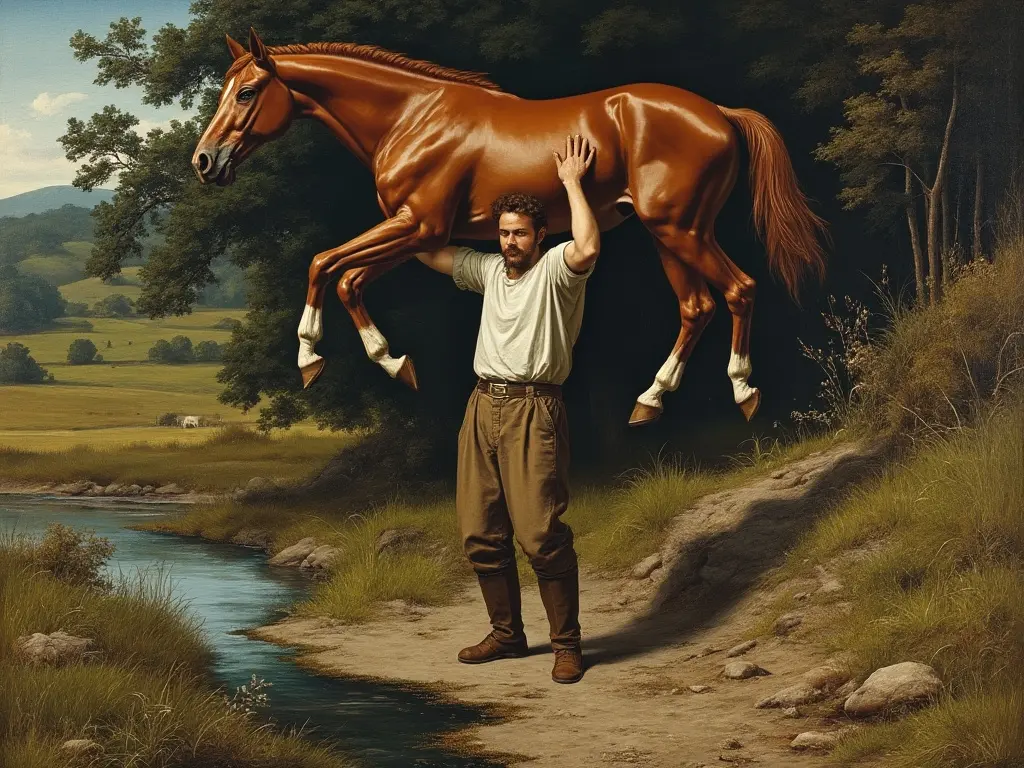 A man standing in a ditch holding a horse