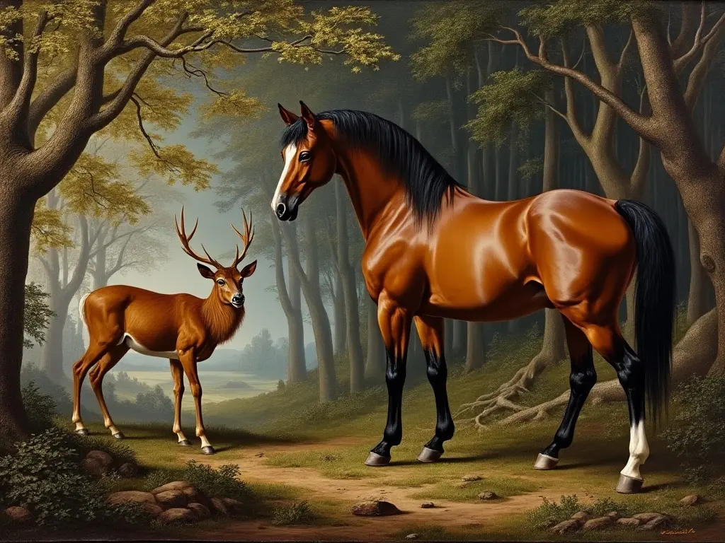 Horse and a stag in the forest