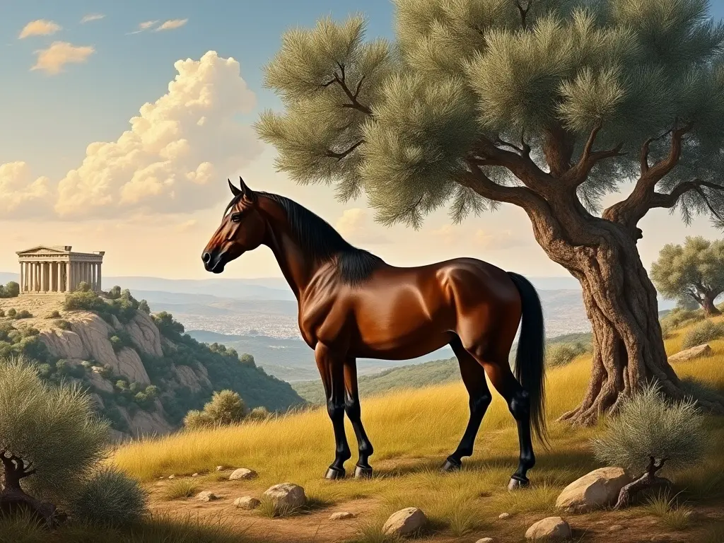 Horse under an olive tree