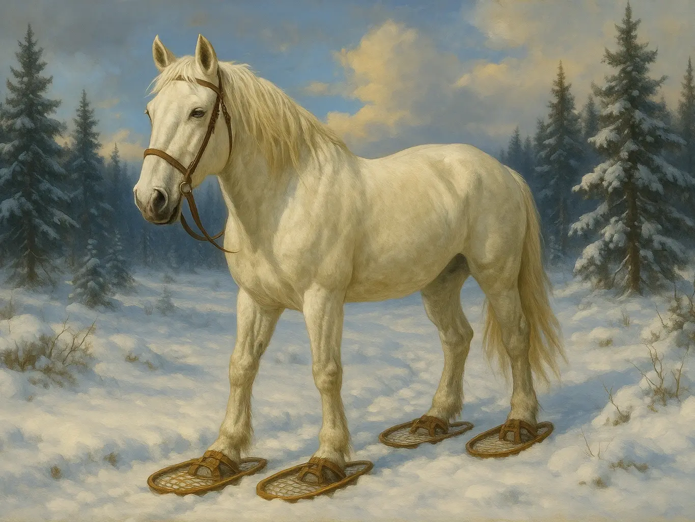 A horse in the snow wearing snowshoes
