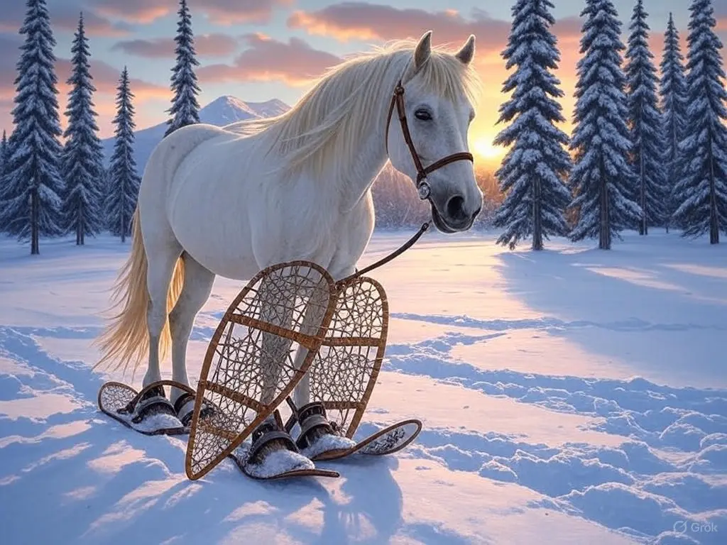 A horse in the snow wearing snowshoes