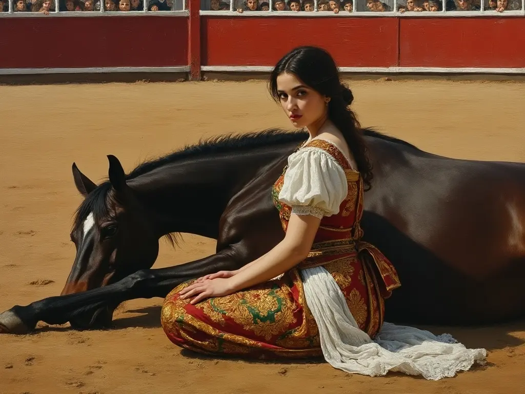 Young woman sitting next to a dying horse in a bullring