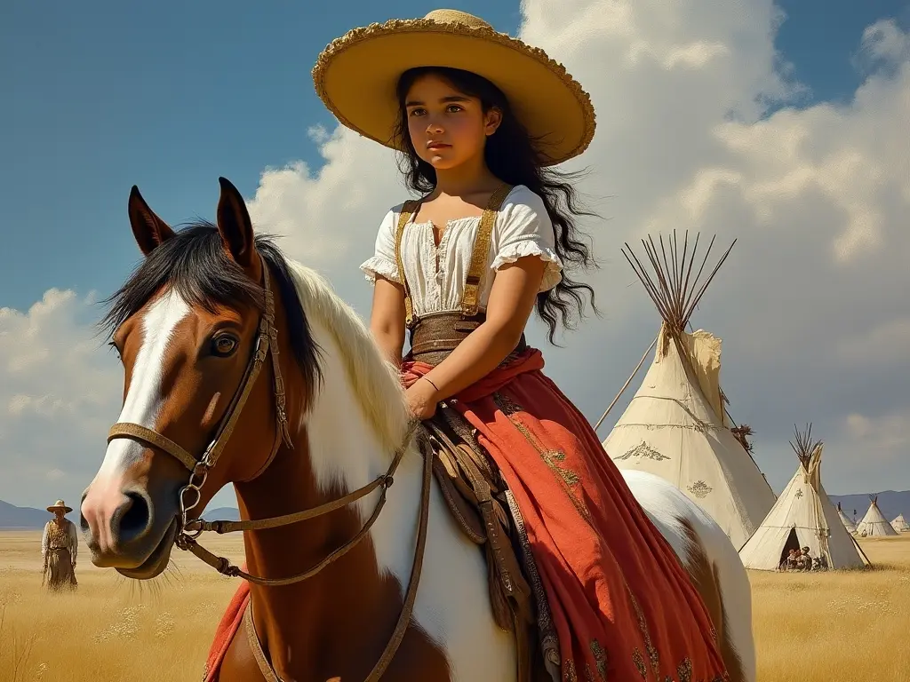 Young girl on a horse in front of teepees