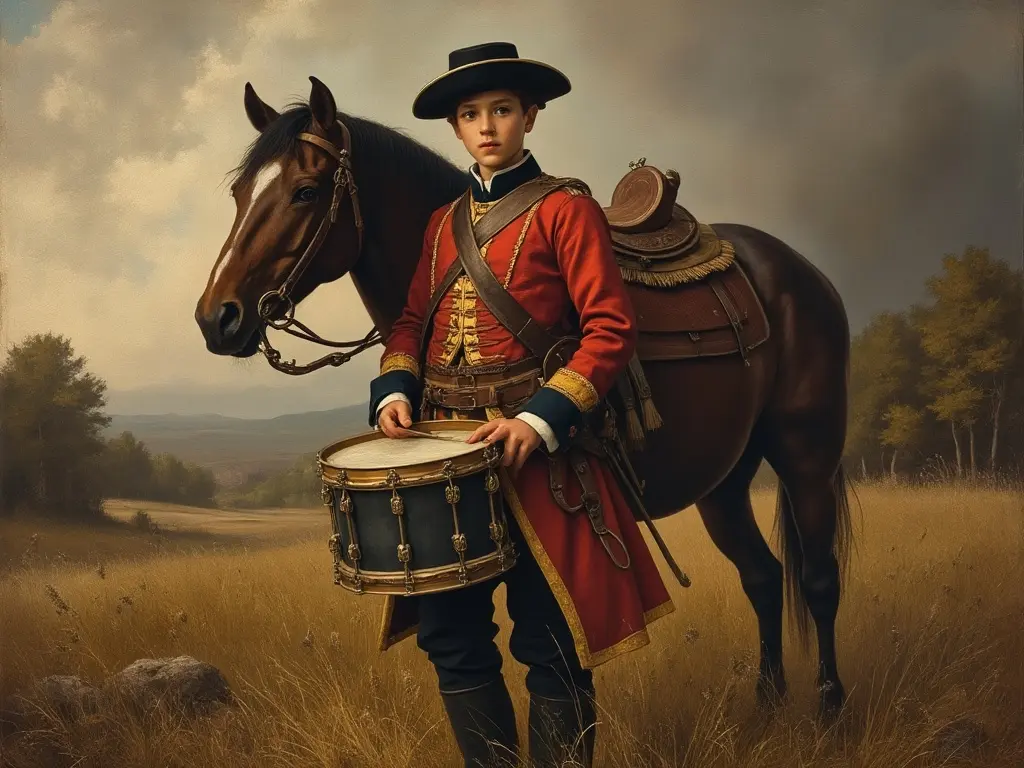 Young drummer boy with a horse