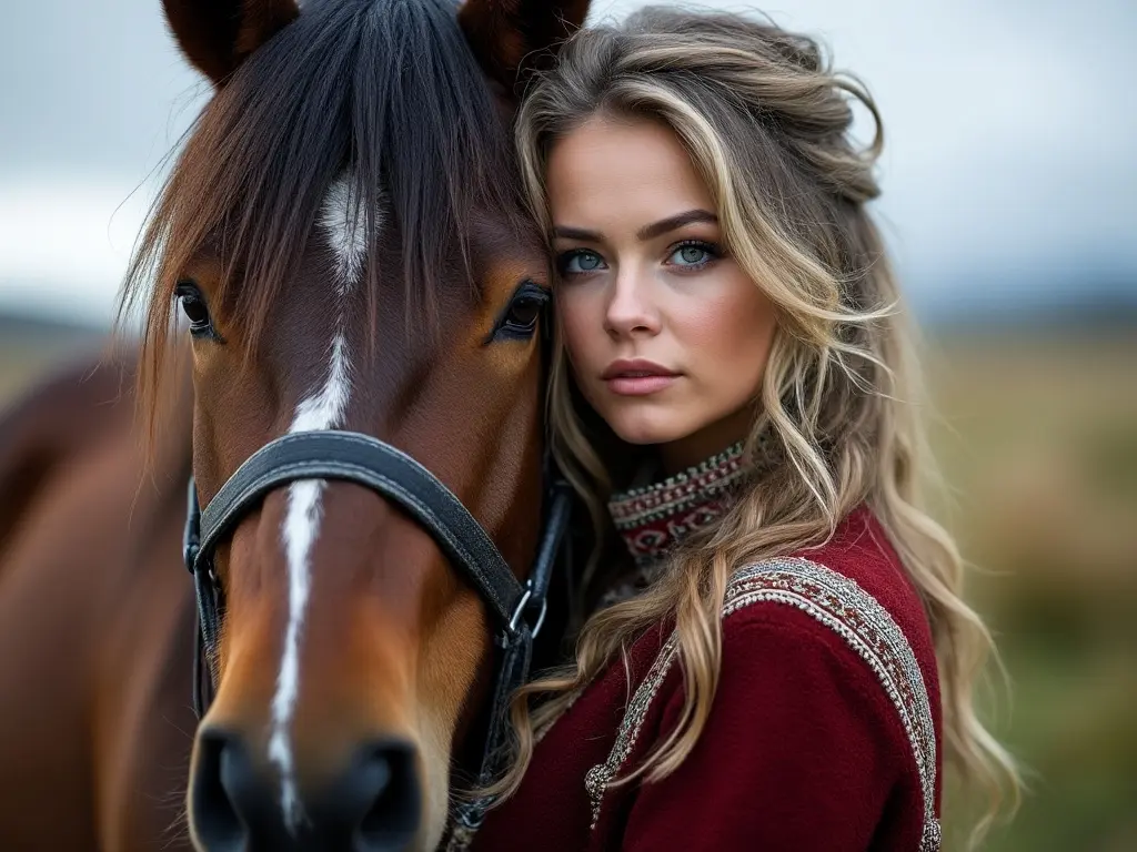 Traditional Iceland woman with a horse