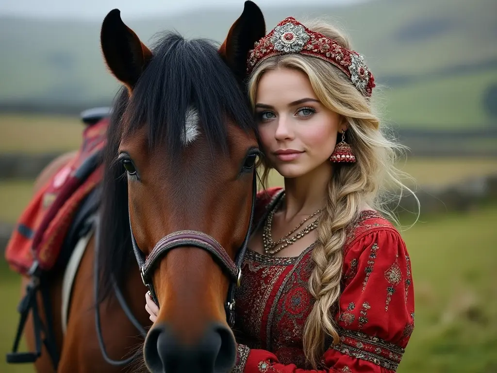 Traditional Isle of Man woman with a horse