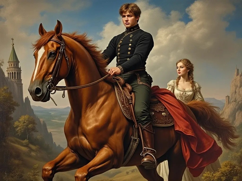 Young man riding a chestnut horse