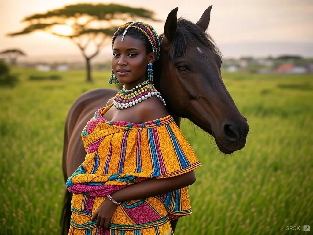 Traditional Ivory Coast woman with a horse