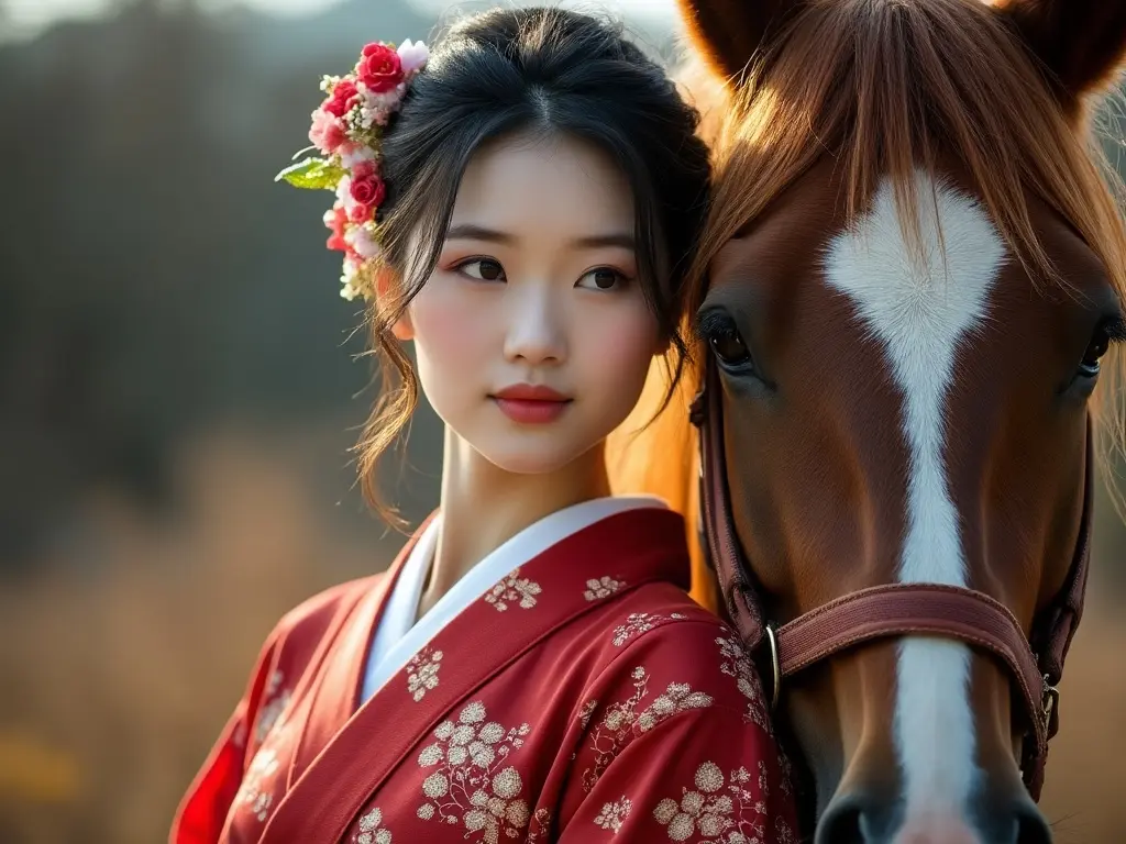 Traditional Japanese woman with a horse