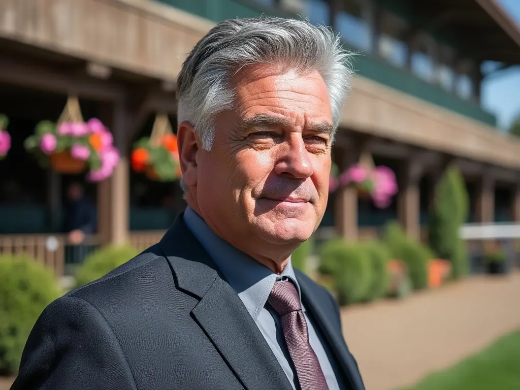 older man in a suit at a racetrack