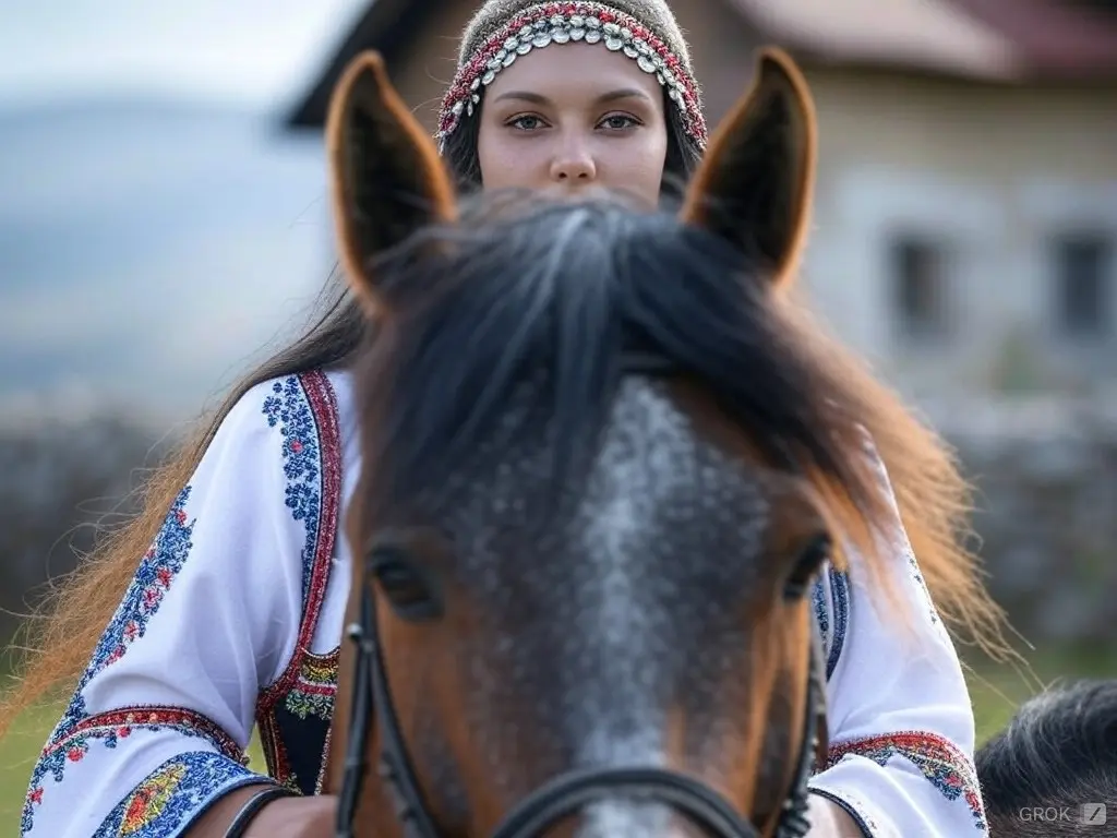 Traditional Kosovo woman with a horse