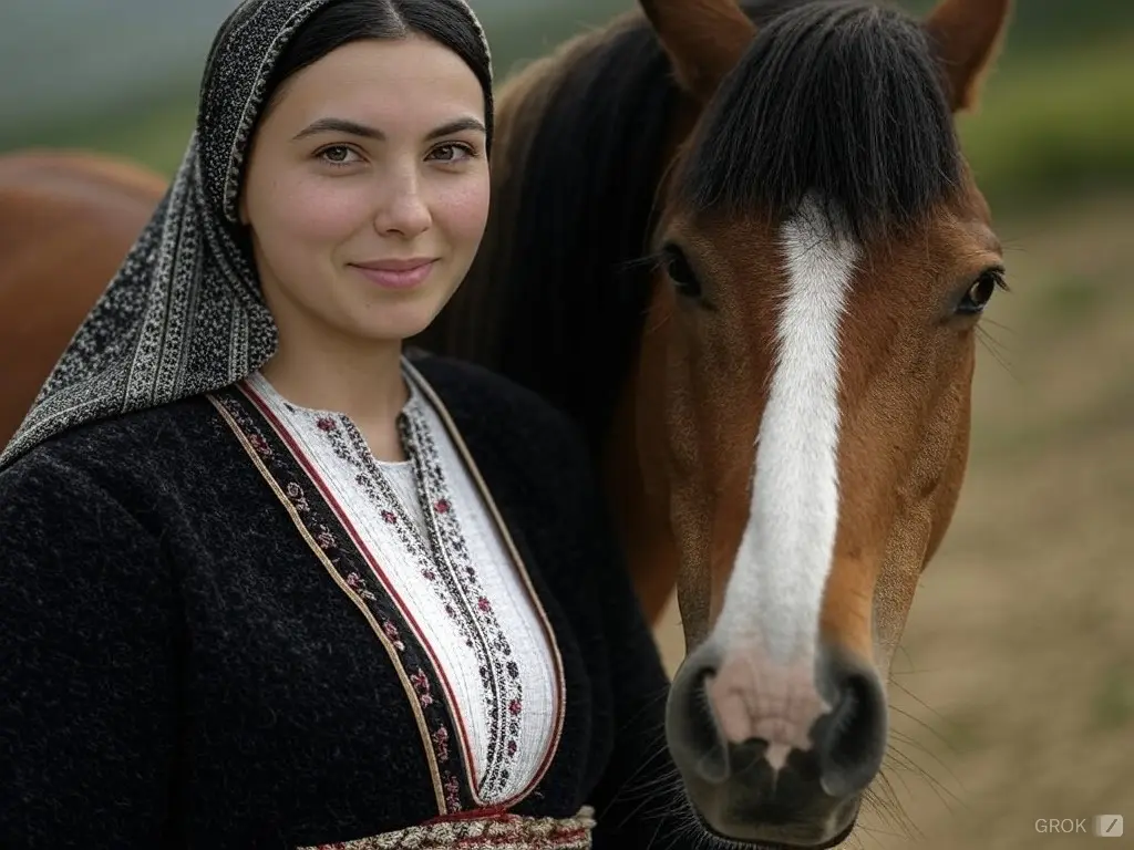 Traditional Kosovo woman with a horse