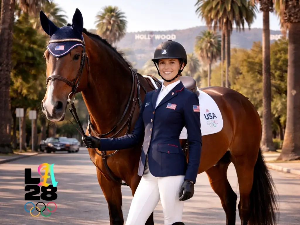 A woman standing with her horse in Los Angeles
