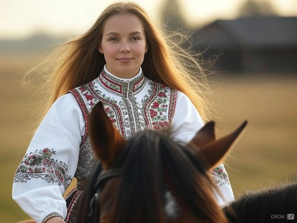 Traditional Latvian woman with a horse