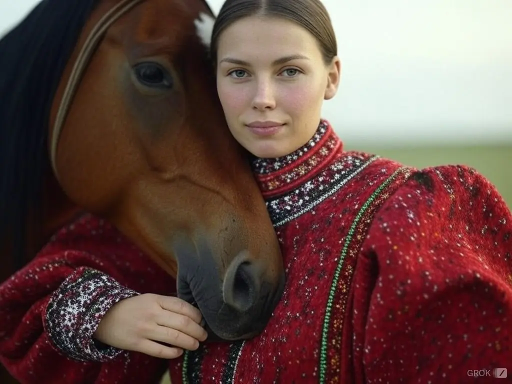 Traditional Latvian woman with a horse