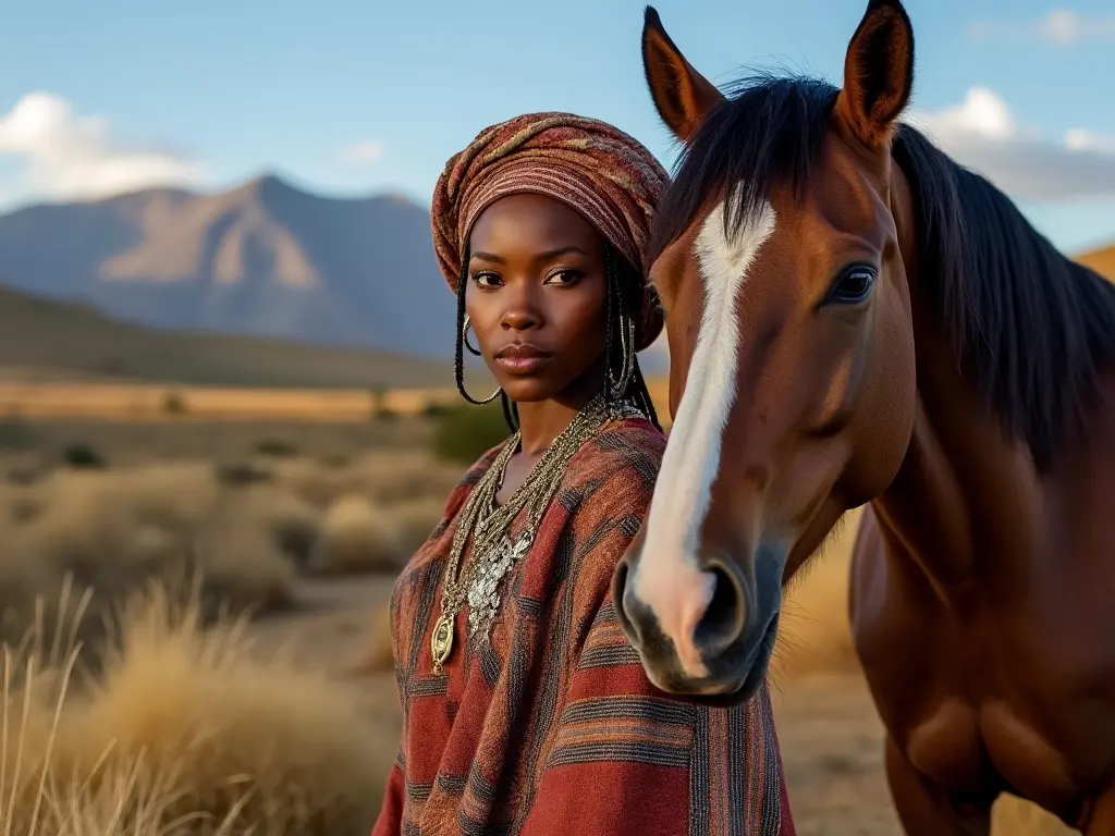 Traditional Mosotho woman with a horse