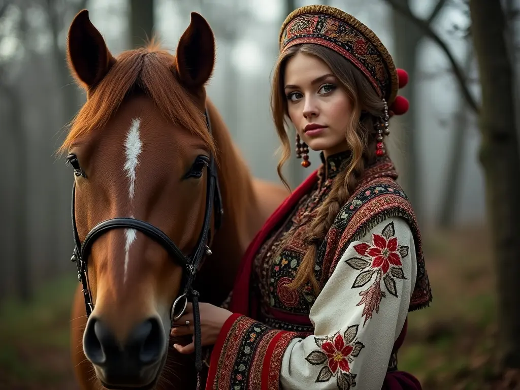 Traditional Lithuanian woman with a horse