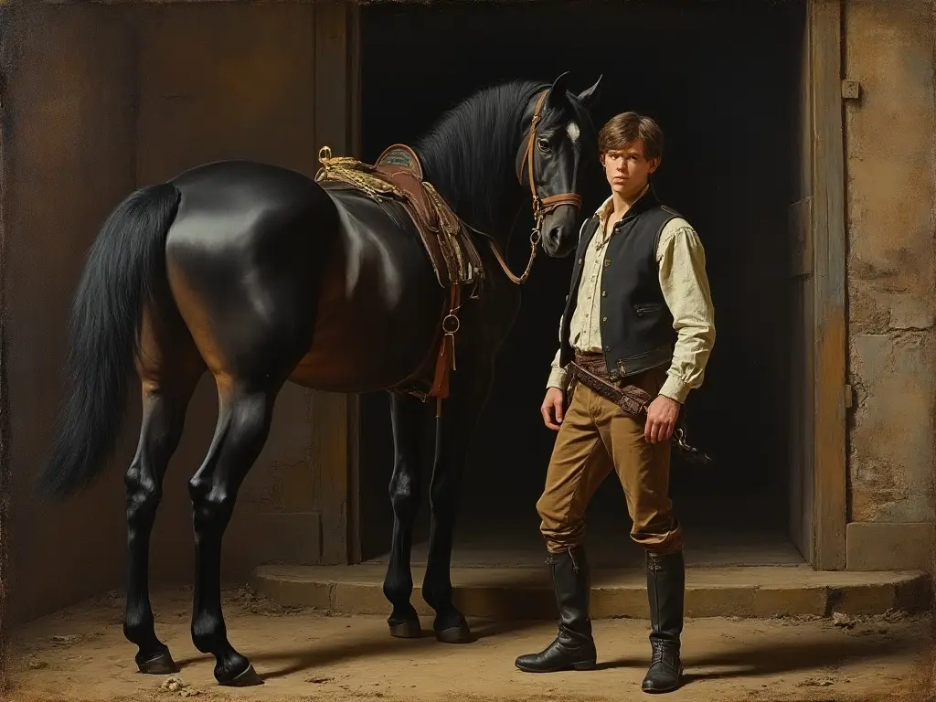 A young man standing with a black horse