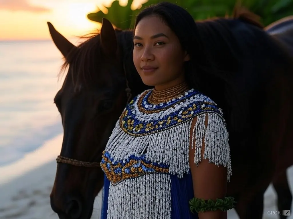 Traditional Marshall Islands woman with a horse