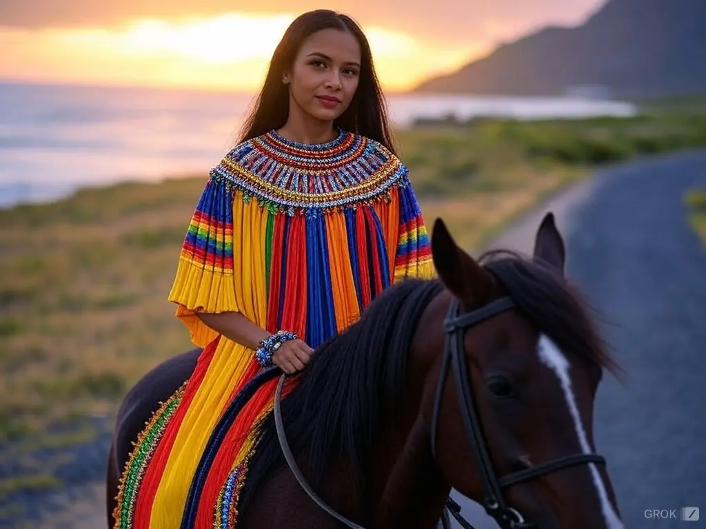 Traditional Mauritius woman with a horse