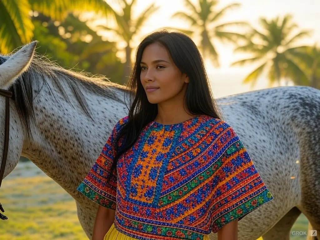 Traditional Mauritius woman with a horse