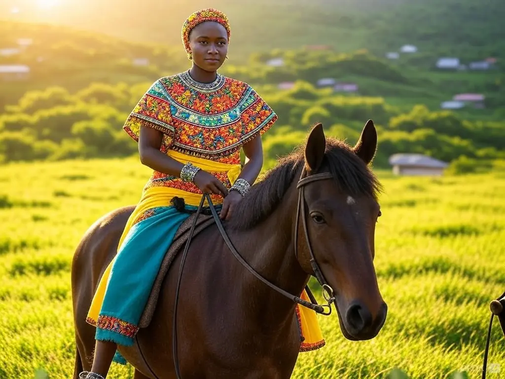 Traditional Mayotte woman with a horse