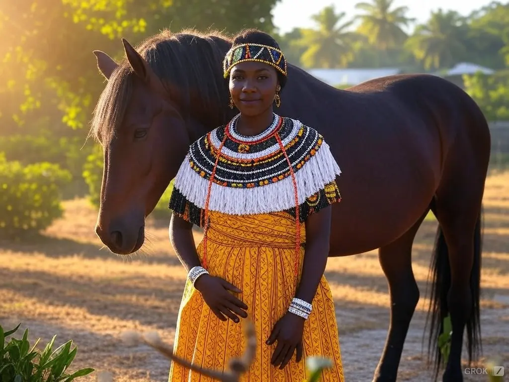 Traditional Mayotte woman with a horse