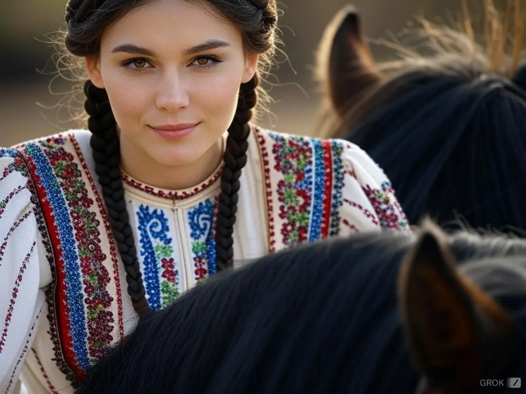 Traditional Moldovan woman with a horse