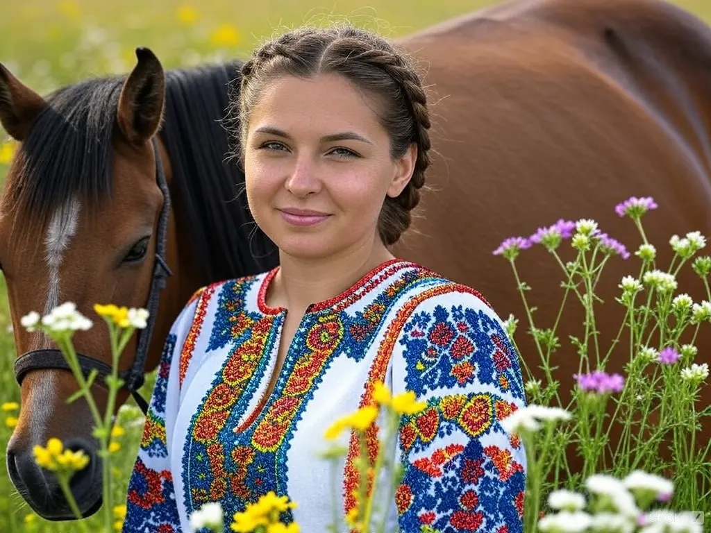 Traditional Moldovan woman with a horse