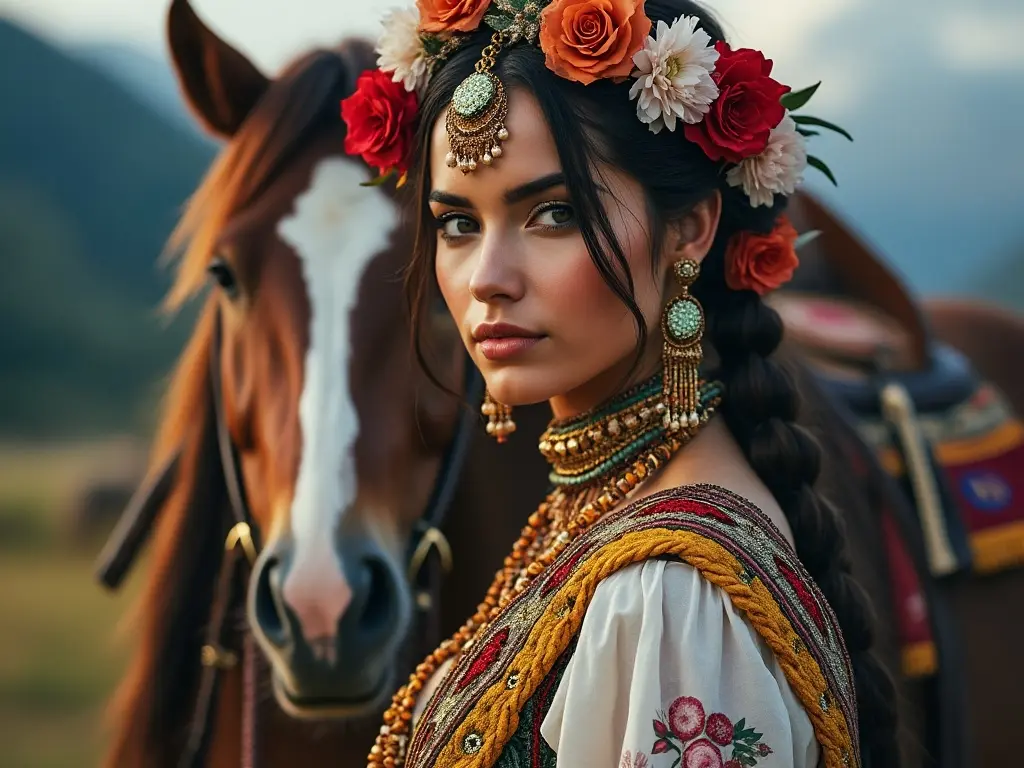 Traditional Montenegrin woman with a horse