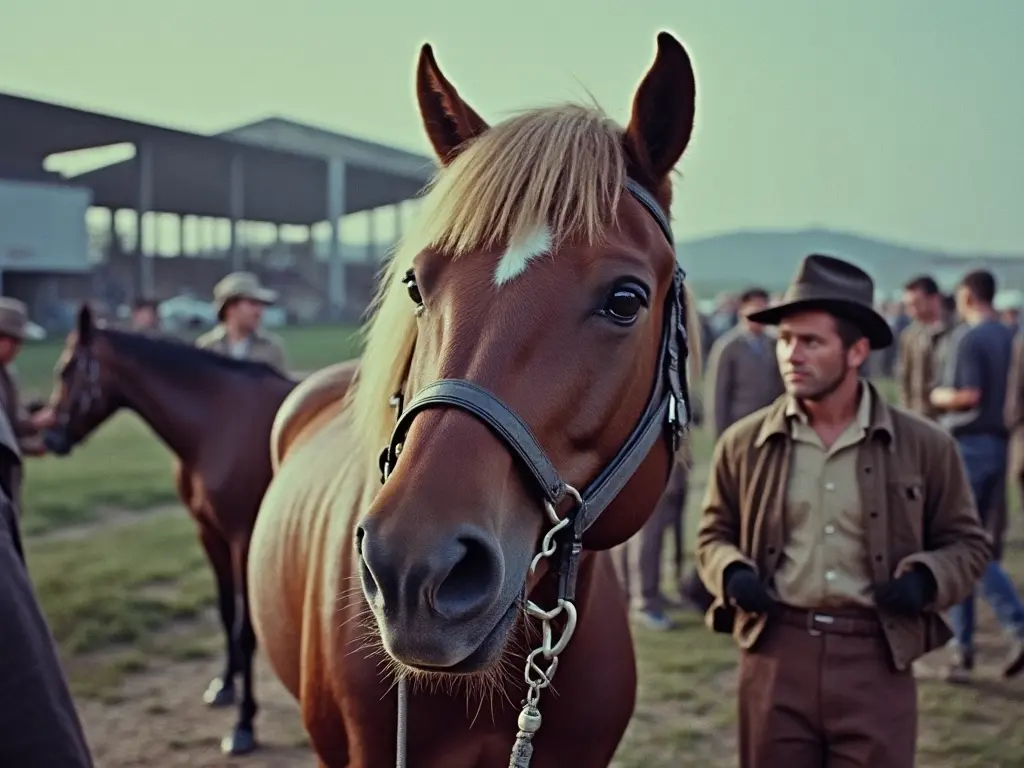 man with a horse on a movie set in the 1950s