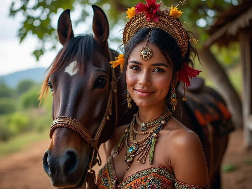 Traditional America woman with a horse