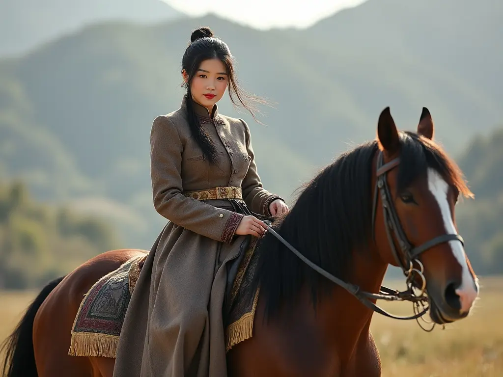 Traditional North Korean woman with a horse