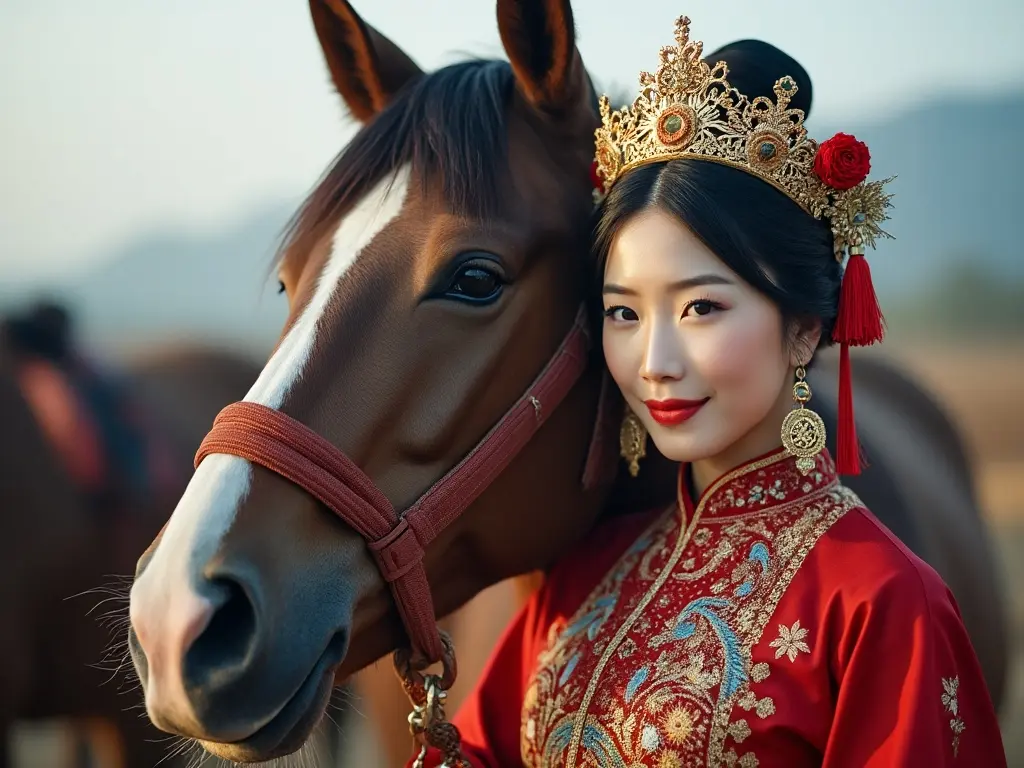 Traditional North Korean woman with a horse