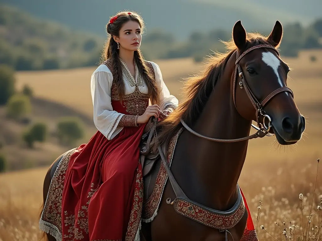 Traditional North Macedonian woman with a horse