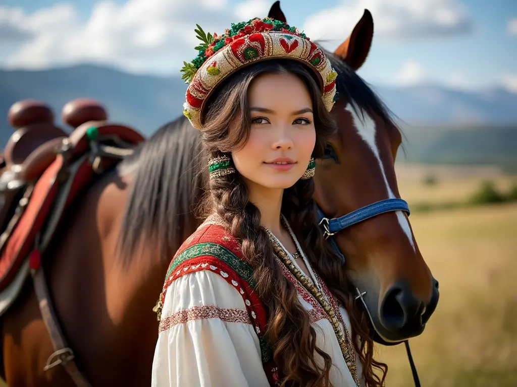 Traditional North Macedonian woman with a horse