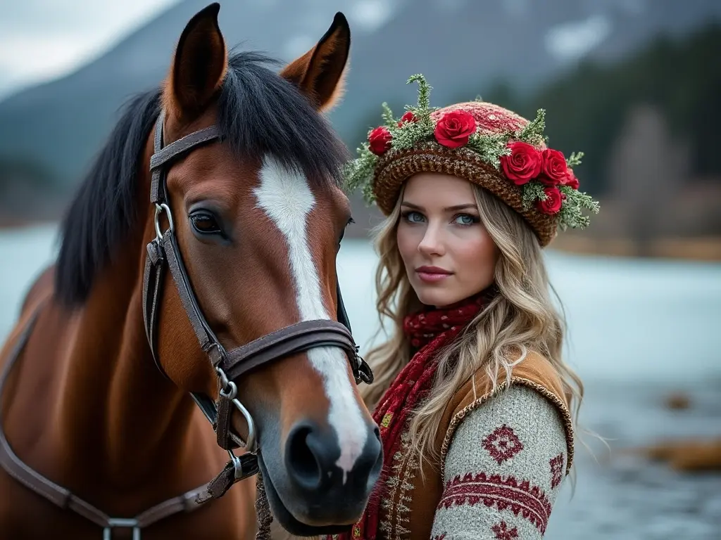 Traditional Norwegian woman with a horse