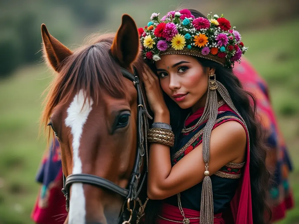 Traditional Peruvian woman with a horse