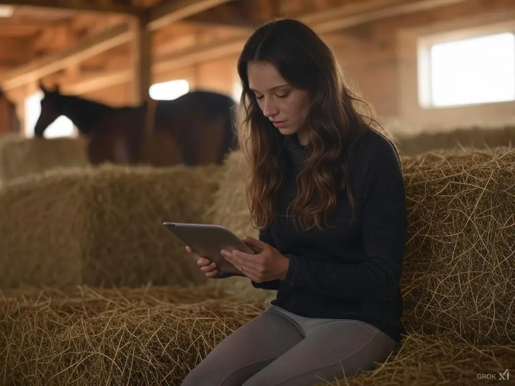 AI image of a woman on an iPad in a stable