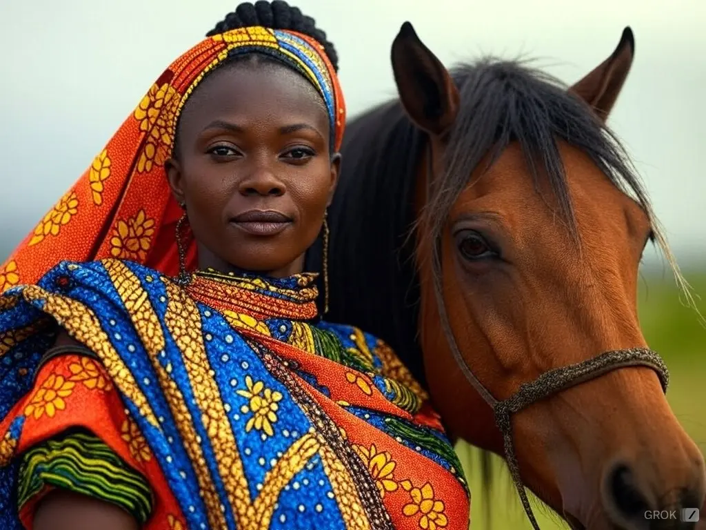 Traditional Republic of the Congolese woman with a horse